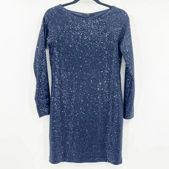 Tibi Sequin Cocktail Dress Womens Sz XS Blue Long Sleeve Shift Mini Keyhole Back - Picture 2 of 5